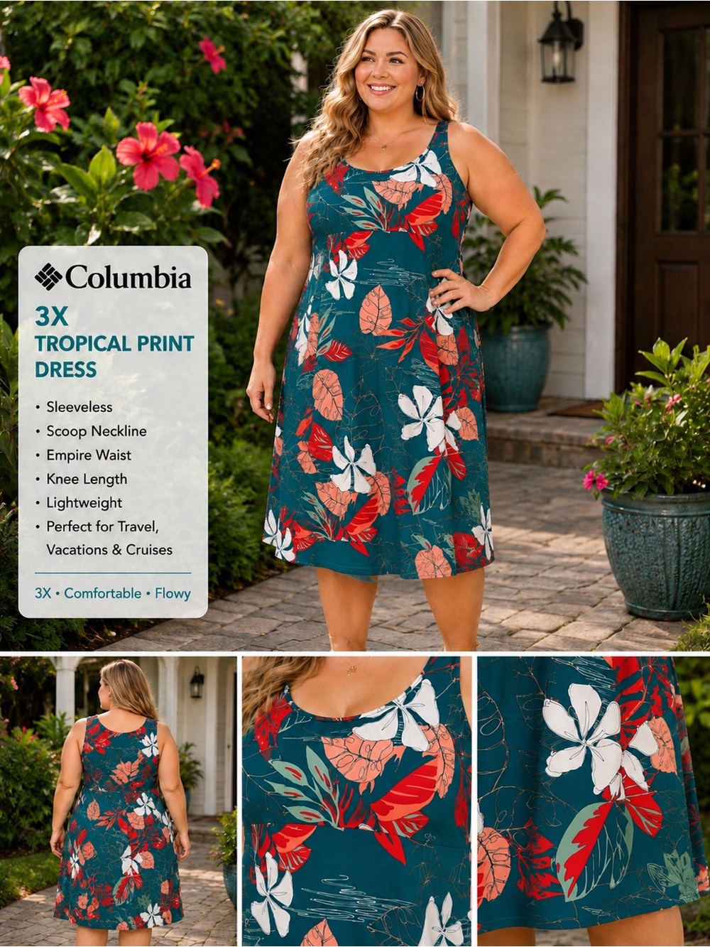 Columbia Tropical Print Sleeveless Dress - Teal with Coral & White Floral 3X